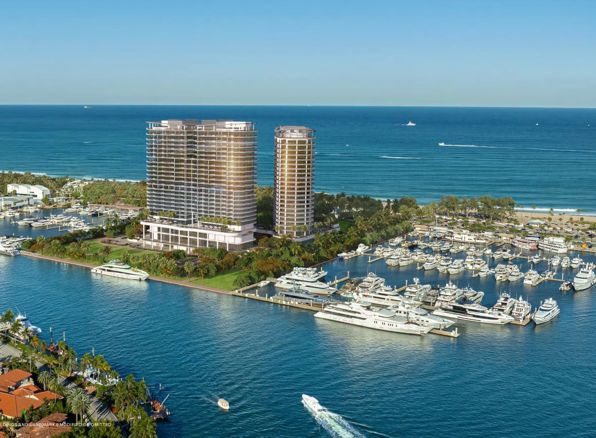 St. Regis Resort and Residences Bahia Mar twin towers aerial view with megayacht marina and Atlantic Ocean Fort Lauderdale