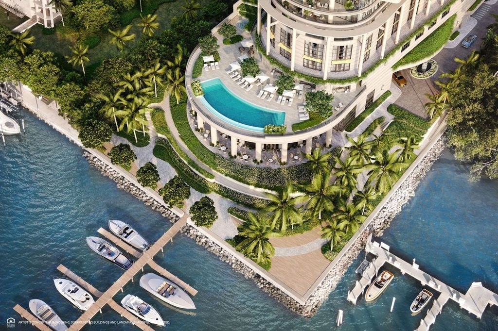 St. Regis Residences Miami aerial rendering showing private marina and pool terrace at 1809 Brickell Ave