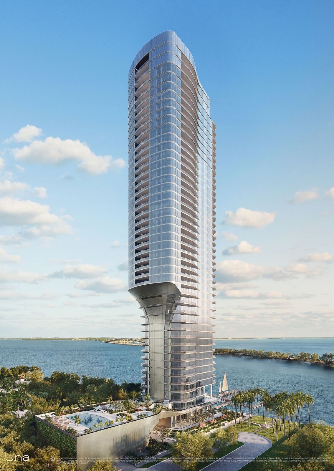 UNA Residences 47-story yacht-inspired tower by Adrian Smith and Gordon Gill Architecture rising above Biscayne Bay Miami with bayfront pool terrace