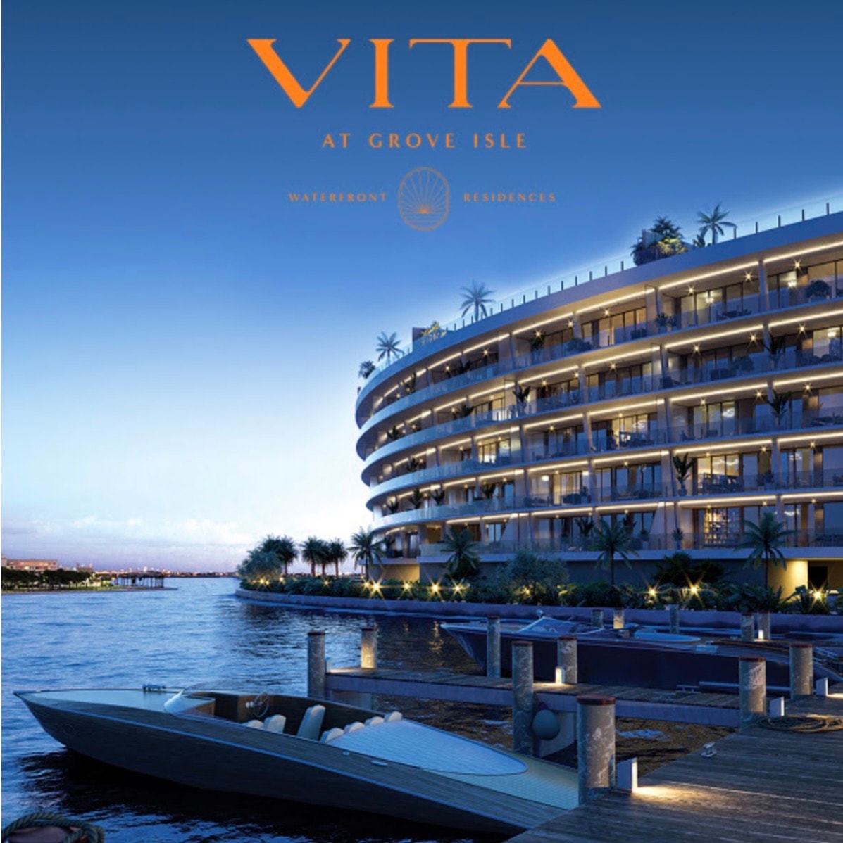 Vita at Grove Isle curved waterfront tower at dusk with private marina and yacht dock in Coconut Grove